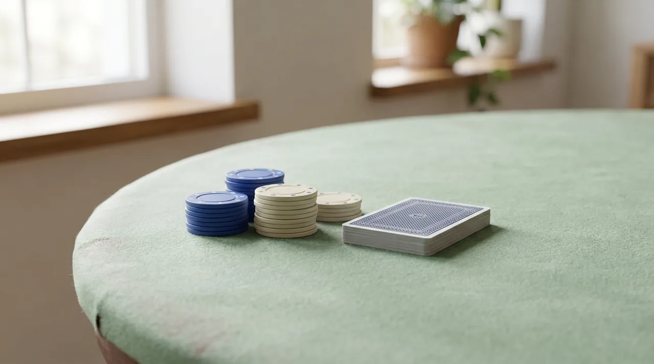 Des jetons bleus et crème et un jeu de cartes posé face cachée.